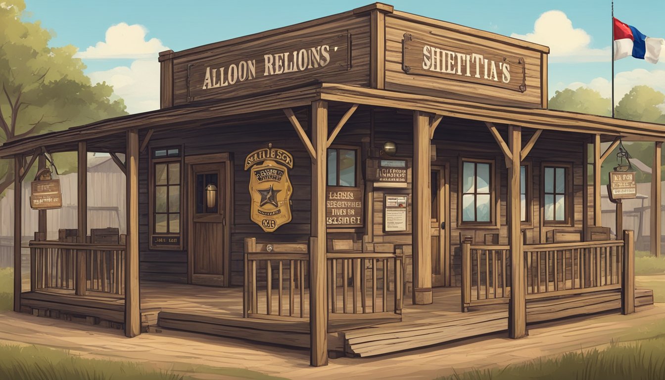 A rustic Texas town with a saloon, signs displaying alcohol regulations, and a sheriff's badge on a wooden post