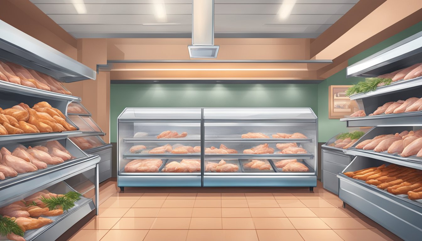 A butcher shop with rows of fresh chicken displayed on ice and a freezer with packages of frozen chicken