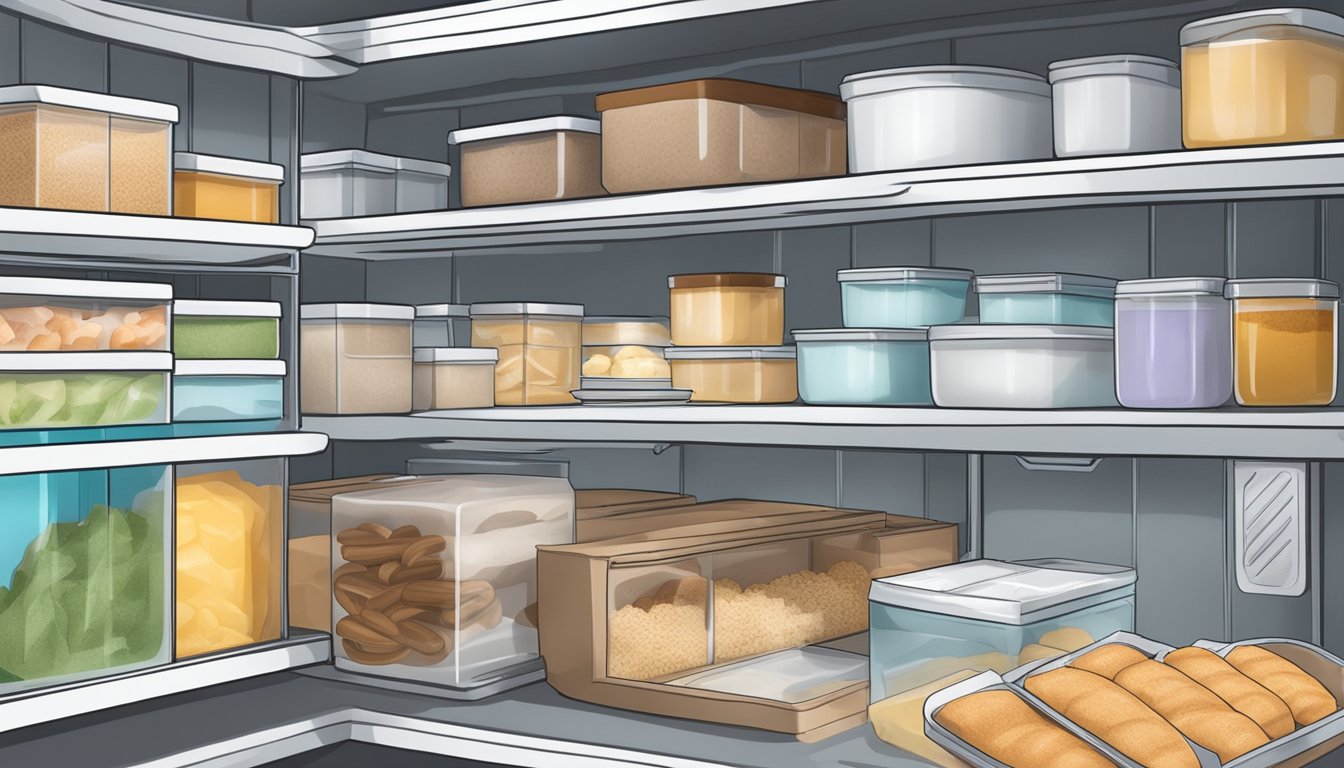 A freezer with neatly organized shelves, containing packages of frozen and fresh yeast, surrounded by baking ingredients and tools