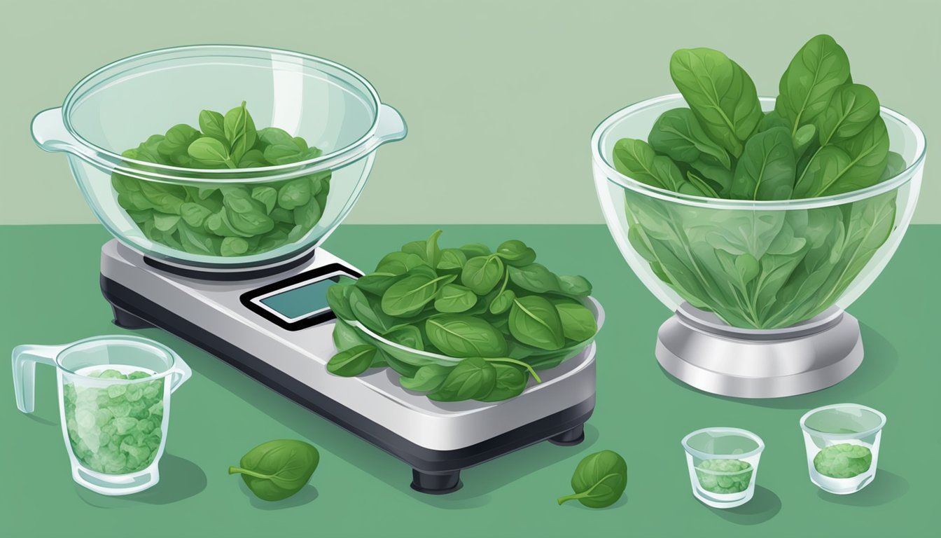 A scale with fresh spinach on one side and frozen spinach on the other, with measuring cups nearby