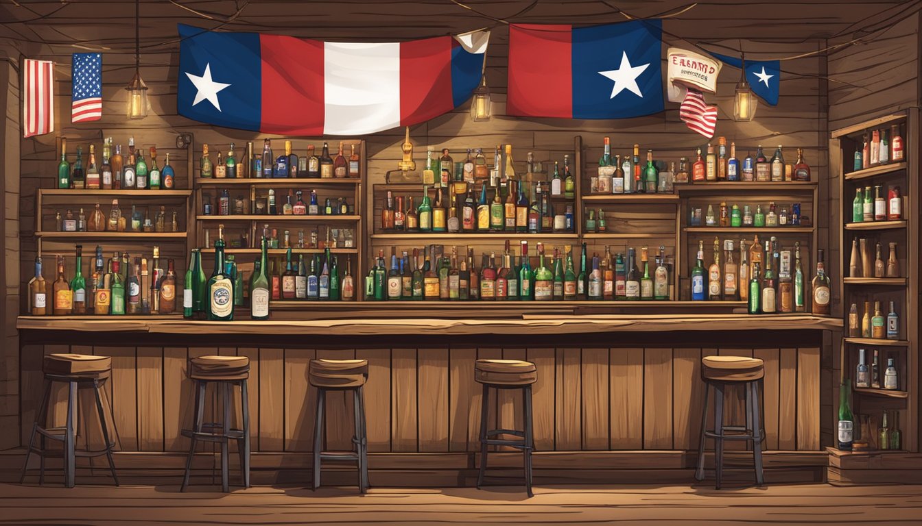 A rustic bar with Texas flags hanging on the walls, shelves stocked with various alcohol bottles, and a sign displaying the county's alcohol laws