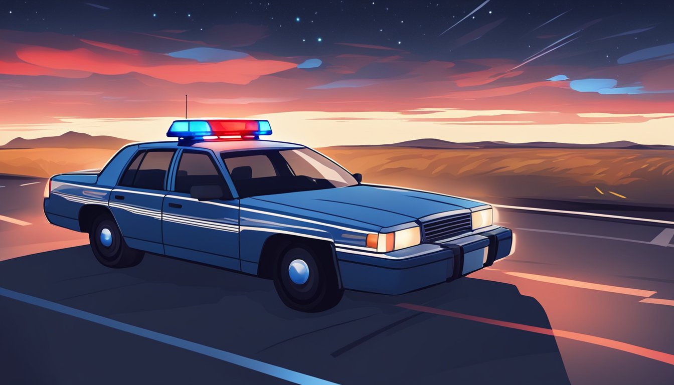 A police car pulls over a swerving vehicle on a dark country road. Blue and red lights flash against the night sky