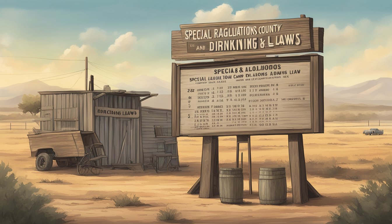 A dusty Texan landscape with a sign reading "Special Regulations camp county texas alcohol and drinking laws" prominently displayed