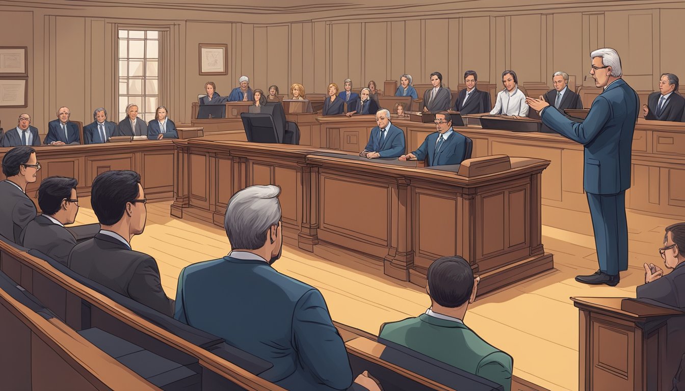 A courtroom setting with a judge presiding over a legal session, lawyers presenting arguments, and individuals in the audience listening attentively