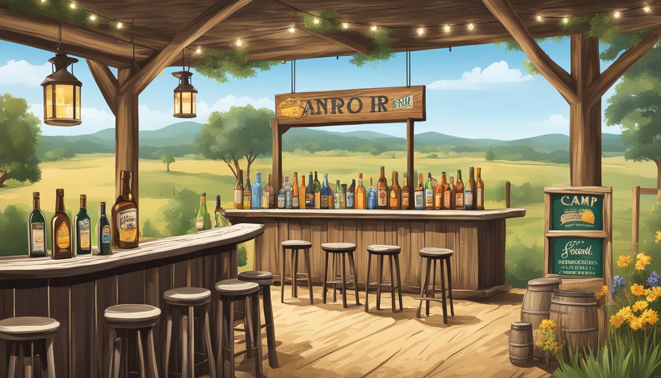 A rustic bar setting with bottles of alcohol displayed, surrounded by promotional materials and signage, set against a backdrop of the Camp County, Texas countryside