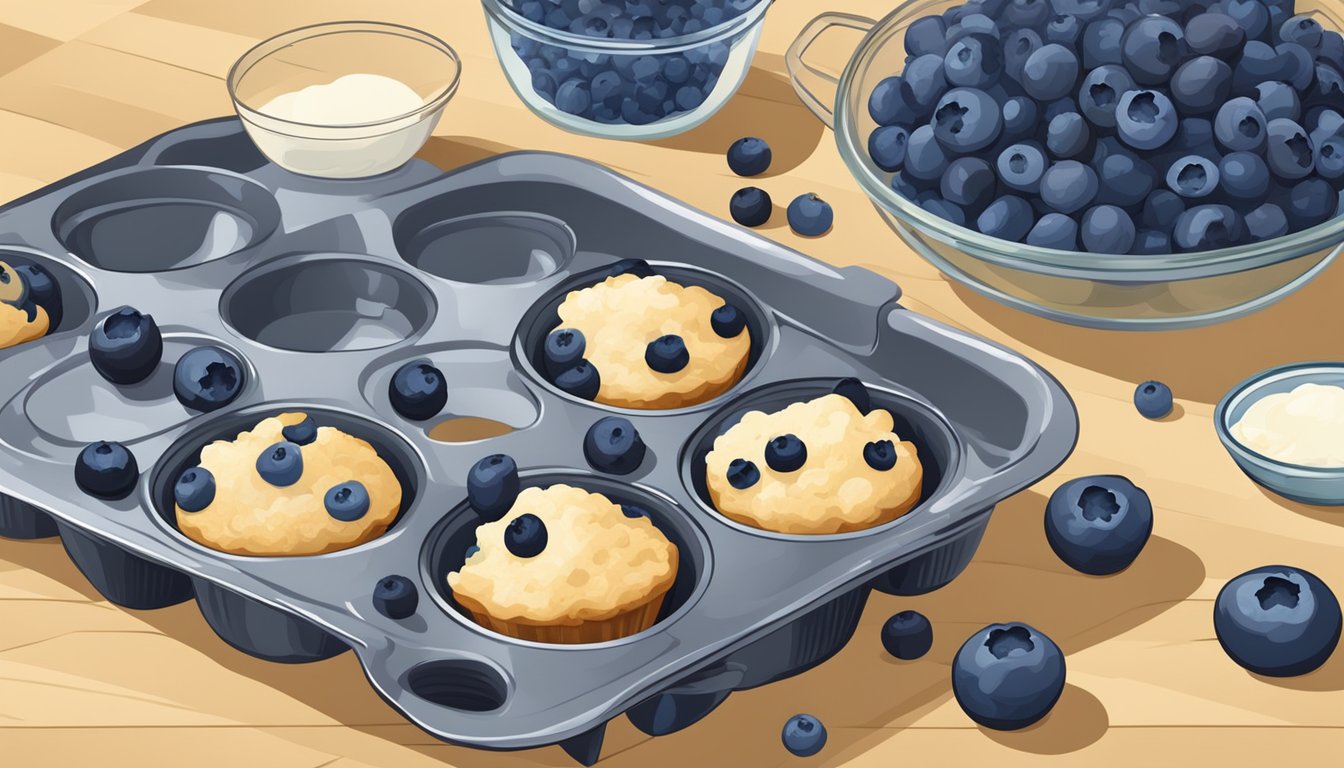 A muffin pan filled with both fresh and frozen blueberries, surrounded by ingredients and a mixing bowl on a kitchen counter