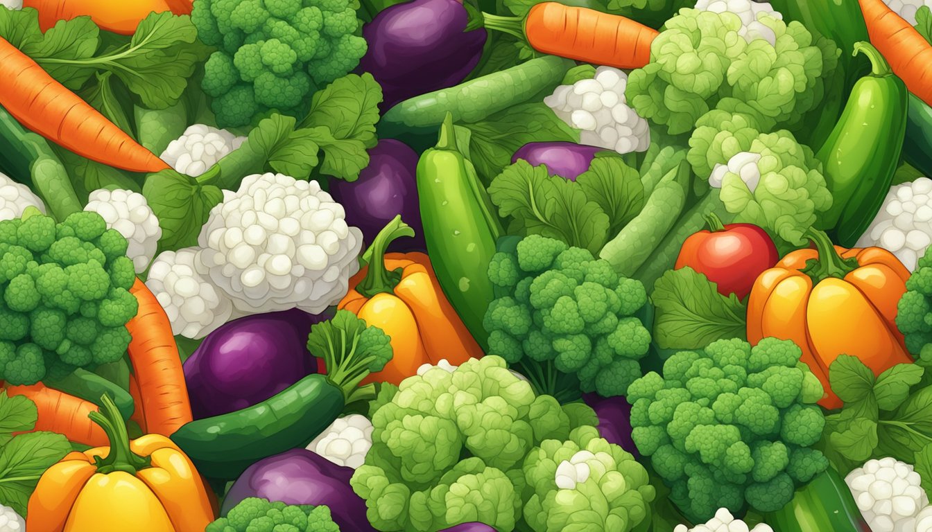 A pile of frozen vegetables sits next to a wilted pile of fresh vegetables, with a clear difference in quality and freshness