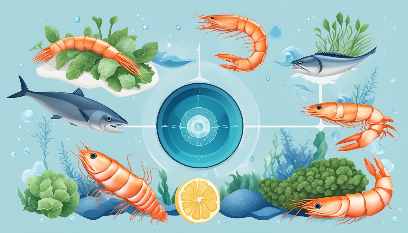 A scale comparing frozen and fresh prawns, surrounded by images of ocean life and sustainability symbols