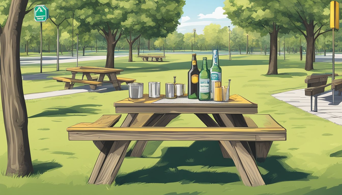 A picnic table with an open container of alcohol in a public park, surrounded by signs indicating no public consumption allowed