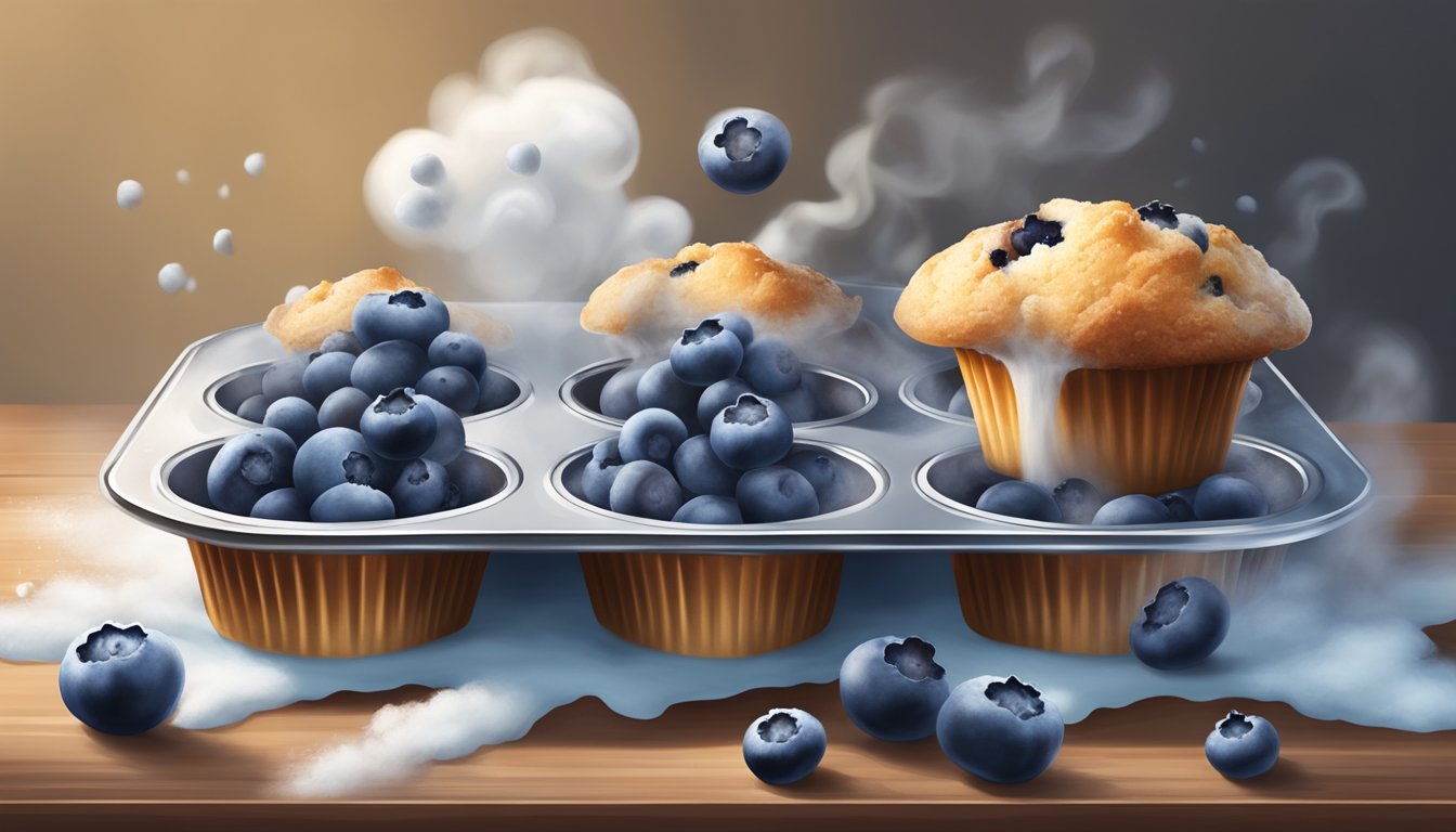 Blueberries spilling out of a muffin tin, some fresh and some frozen, with a cloud of steam rising from the hot muffins