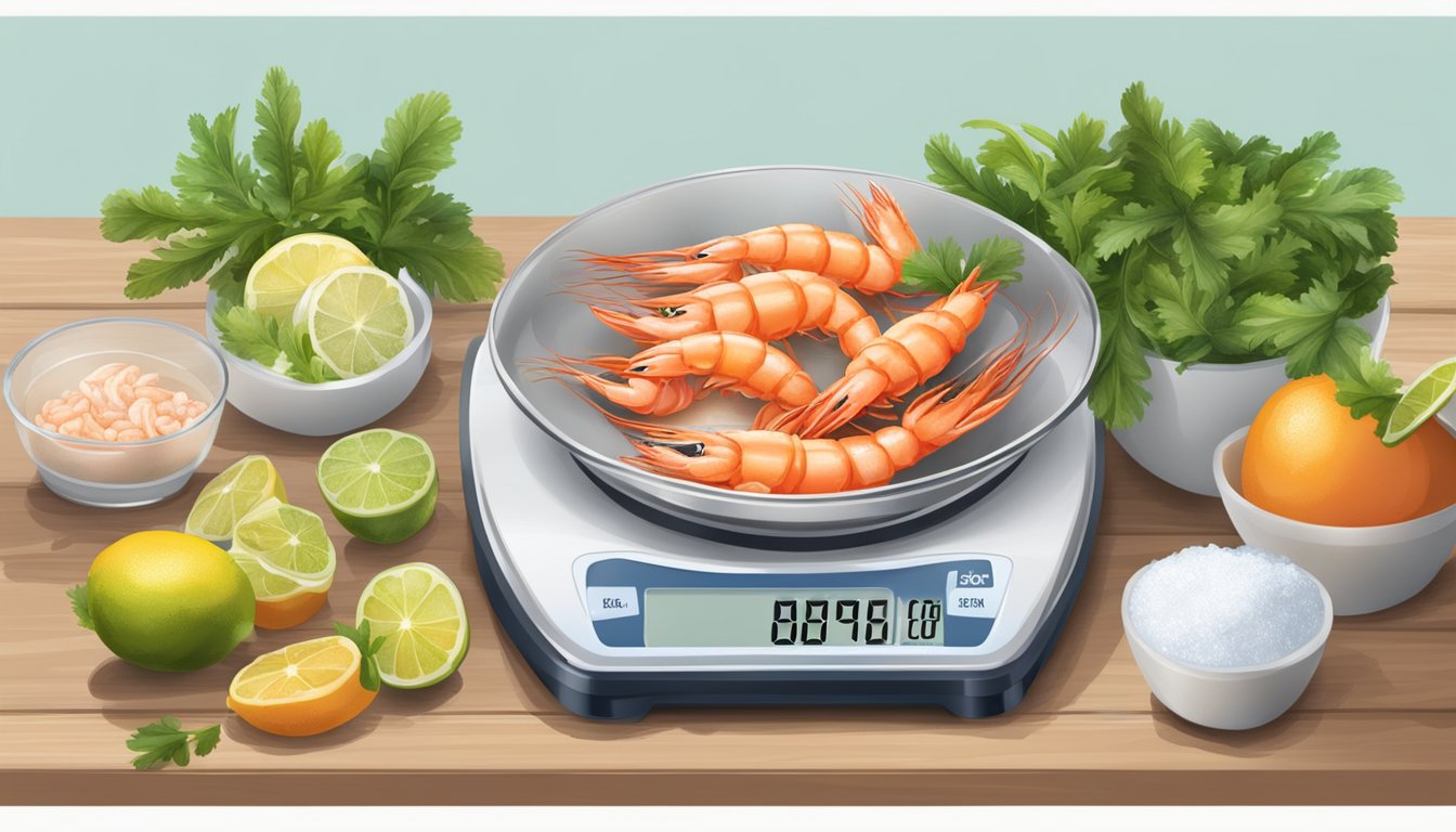 A scale weighing fresh and frozen prawns