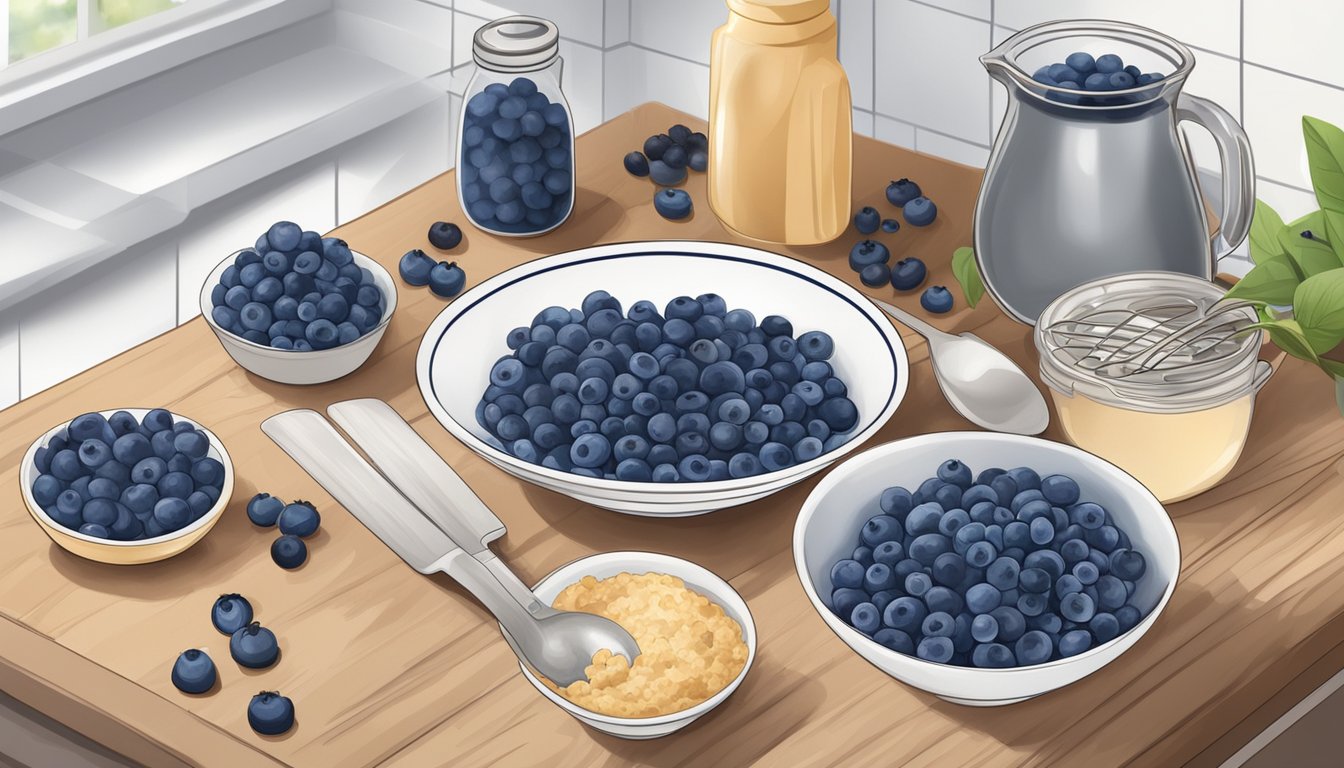 A kitchen counter with a bowl of fresh blueberries next to a bag of frozen blueberries, surrounded by muffin ingredients and baking utensils