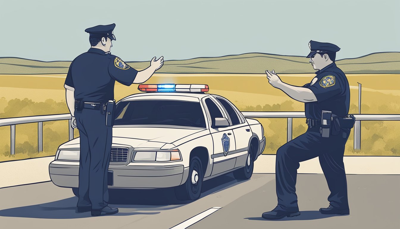 A police officer conducting a field sobriety test on a driver in Blanco County, Texas. The officer is administering a breathalyzer test to determine the driver's blood alcohol content