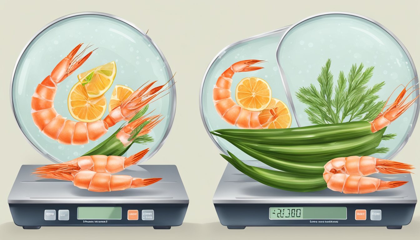 A comparison of frozen and fresh prawns on a scale