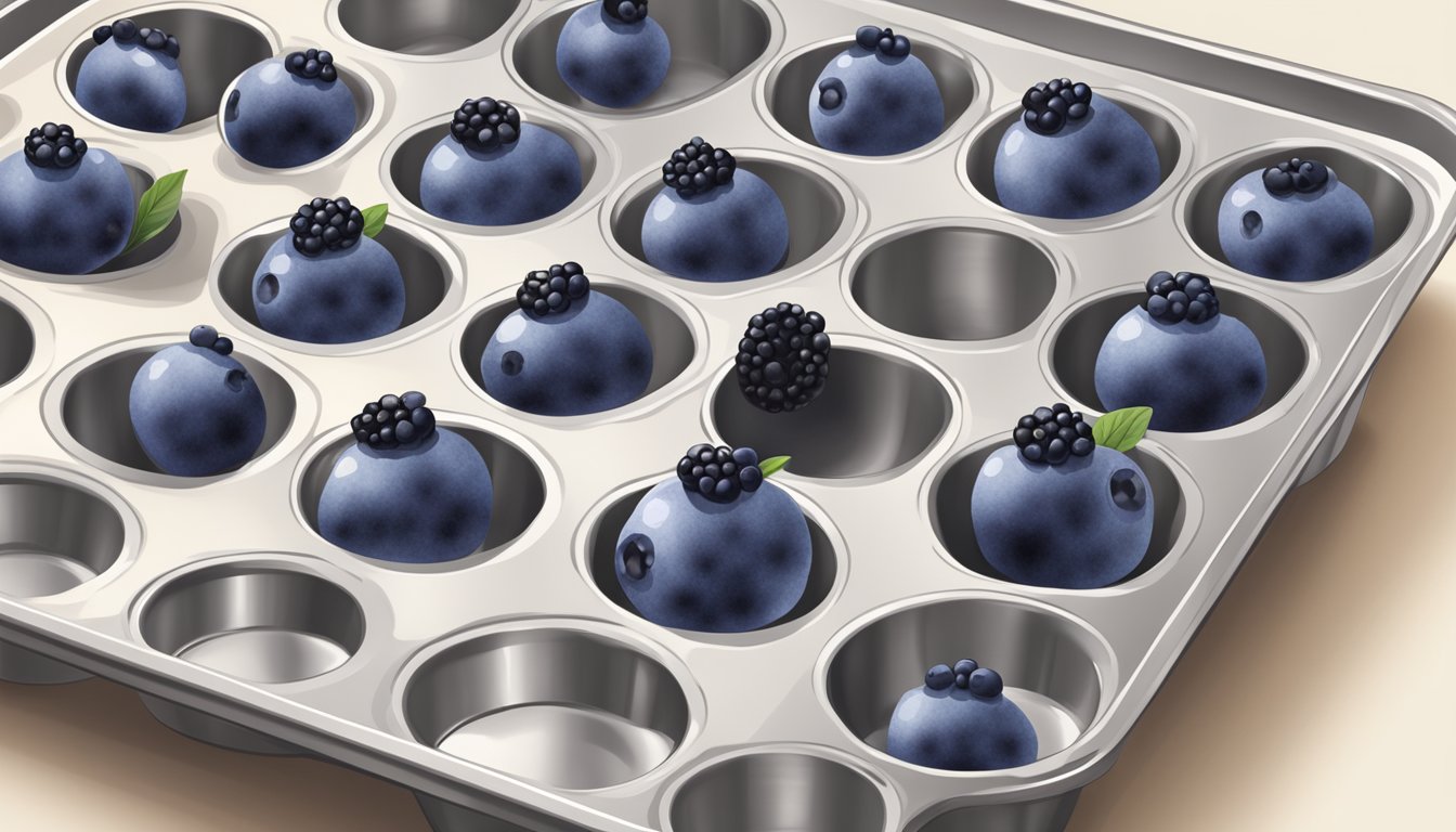 A muffin batter bowl with fresh and frozen blueberries next to a muffin tin