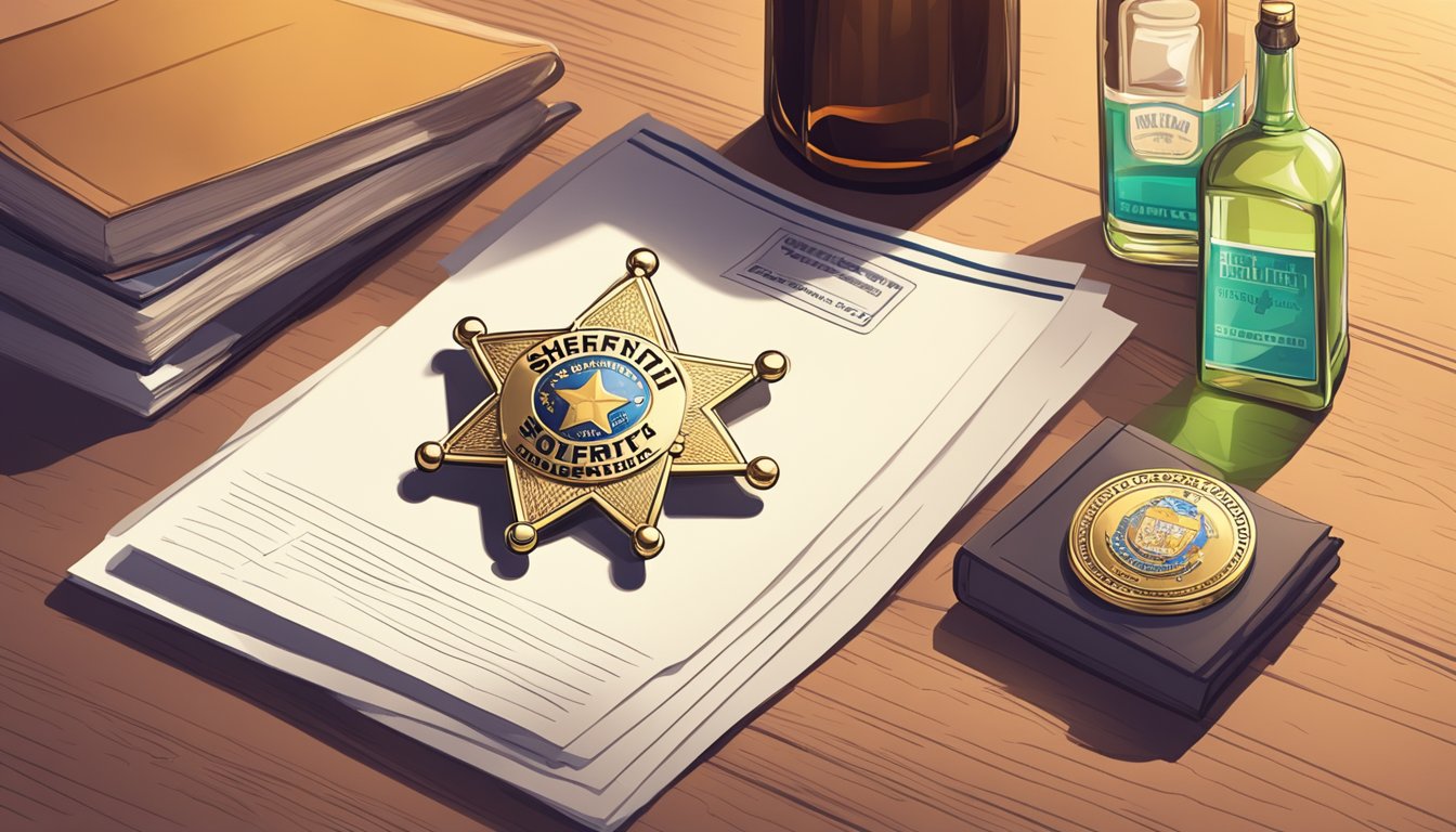 A sheriff's badge pinned to a uniform next to a stack of legal documents and a bottle of alcohol