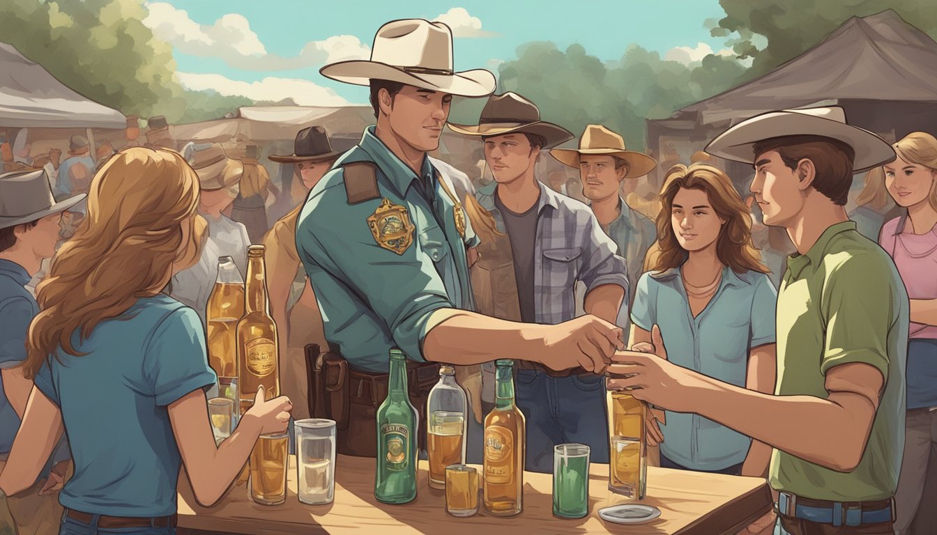 A sheriff in a cowboy hat confiscates alcohol from a group of young people at a county fair