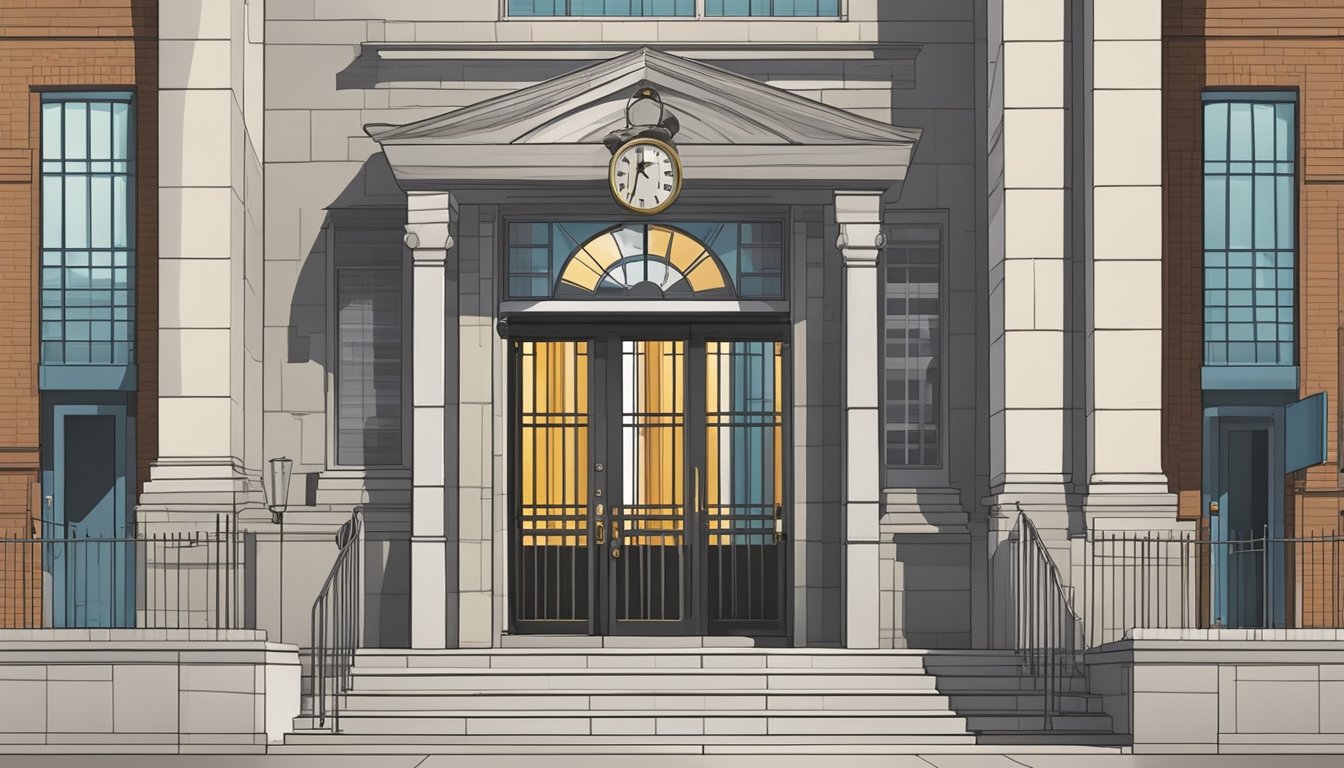 A barred entrance to a county courthouse with a clock showing restricted hours