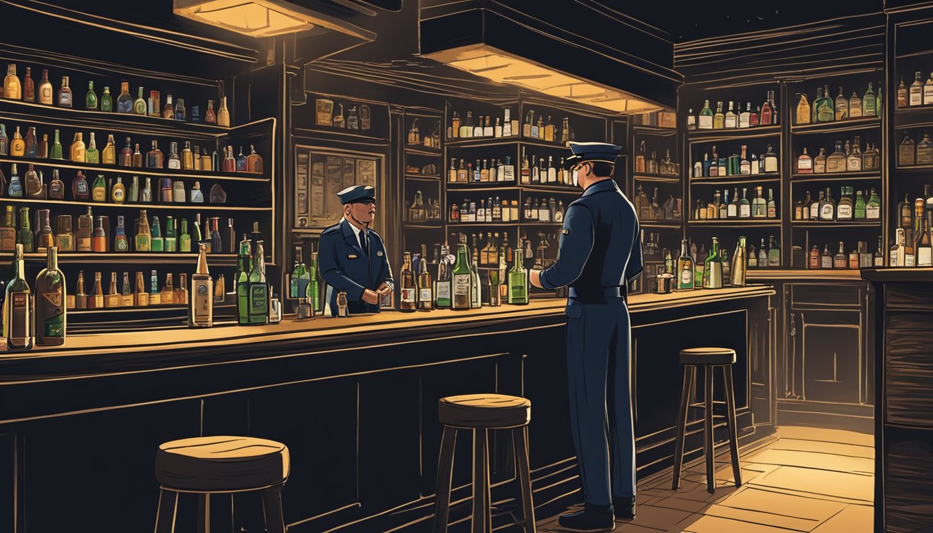 A dimly lit bar with bottles of alcohol on shelves, while a stern-looking officer checks IDs and inspects drinks