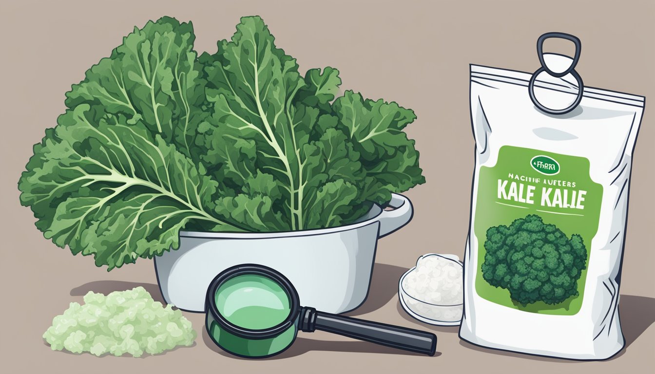 A pile of fresh kale leaves sits next to a bag of frozen kale. A nutrition label and a magnifying glass are nearby