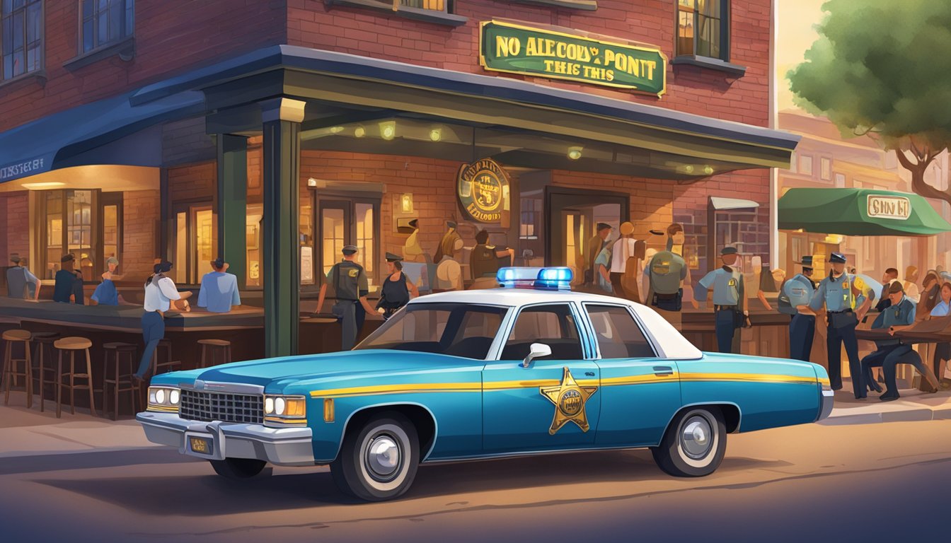 A sheriff's car parked outside a bar, with a sign displaying "No Alcohol Beyond This Point" and a group of people being cited by officers