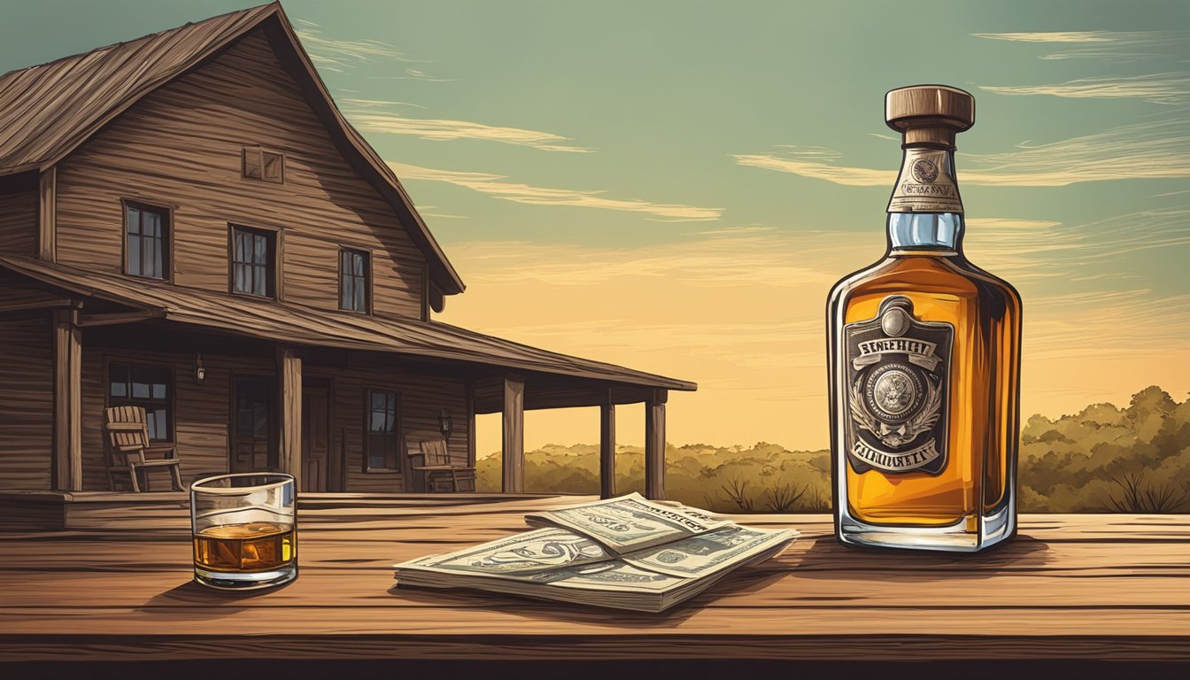 A rustic Texas county scene with a sheriff's badge and a bottle of whiskey on a wooden table