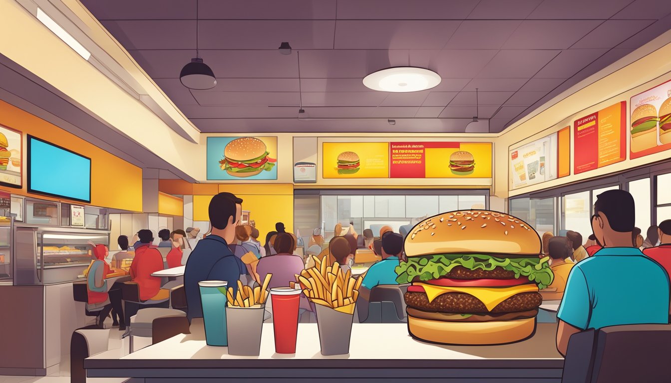 A crowded McDonald's restaurant with a modern, vibrant atmosphere. A quarter pounder burger is prominently displayed on a colorful menu board