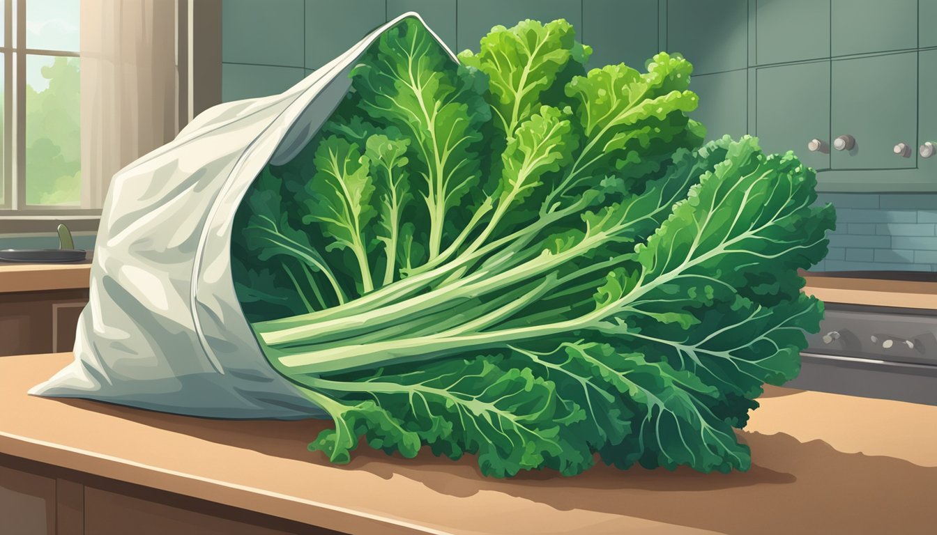 A vibrant bunch of fresh kale sits next to a bag of frozen kale on a clean kitchen counter. The raw kale is green and leafy, while the frozen kale is neatly packed in a plastic bag