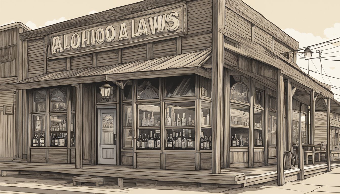 A rustic storefront in Carson County, Texas, with a sign displaying alcohol laws. Outdoor seating and a bartender serving drinks