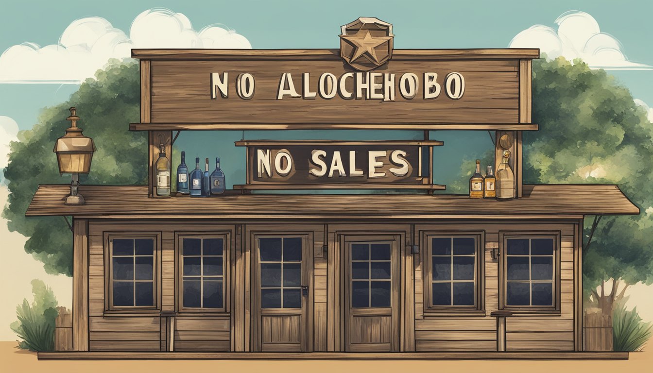 A rustic bar with a "No Alcohol Sales" sign in Burleson County, Texas