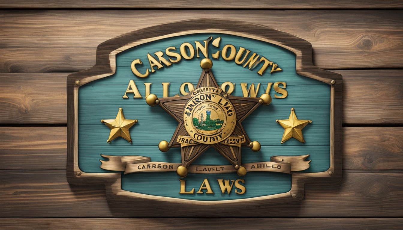 A sheriff's badge pinned to a rustic wooden sign with "Carson County Alcohol Laws" displayed prominently