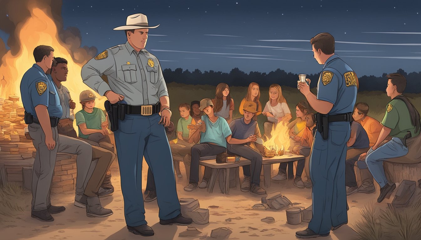 A sheriff's deputy confiscating alcohol from a group of teenagers at a bonfire in Carson County, Texas