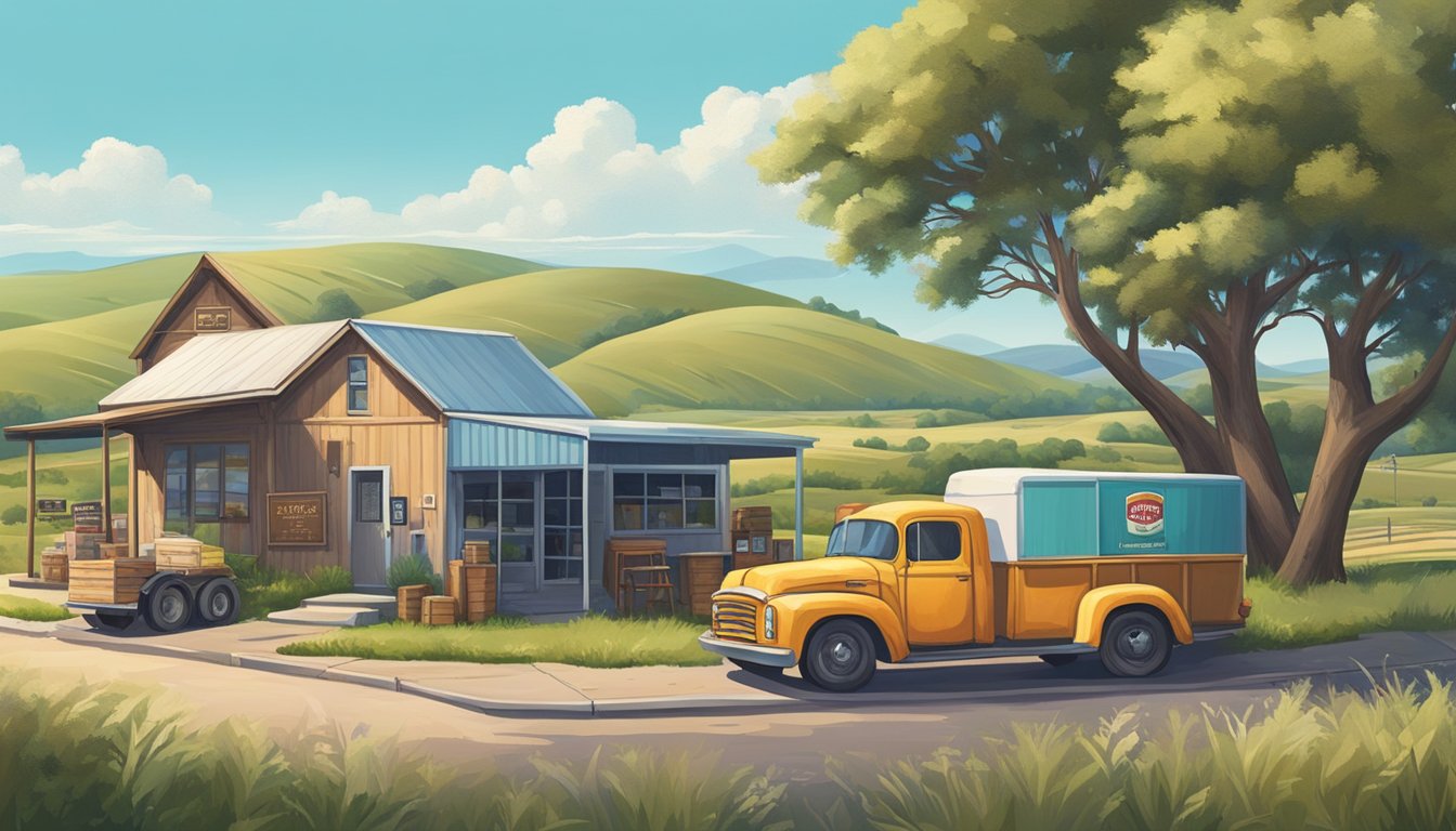 A rural Texas landscape with a small liquor store and a delivery truck parked outside, surrounded by rolling hills and a clear blue sky