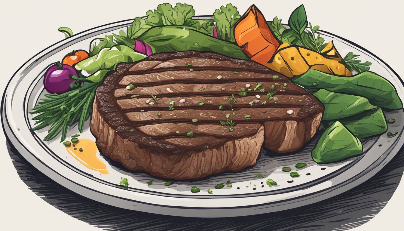 A juicy steak sizzling on a hot grill, surrounded by vibrant, fresh vegetables and herbs. A frozen beef patty sits on a separate plate, lacking the same visual appeal