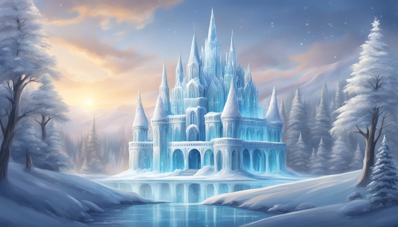 A majestic ice palace stands in the midst of a wintry forest, with swirling snowflakes and shimmering icicles adorning the landscape