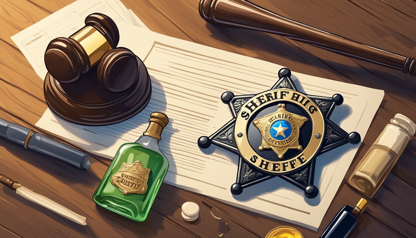 A sheriff's badge and a gavel on a wooden table, surrounded by legal documents and a bottle of alcohol