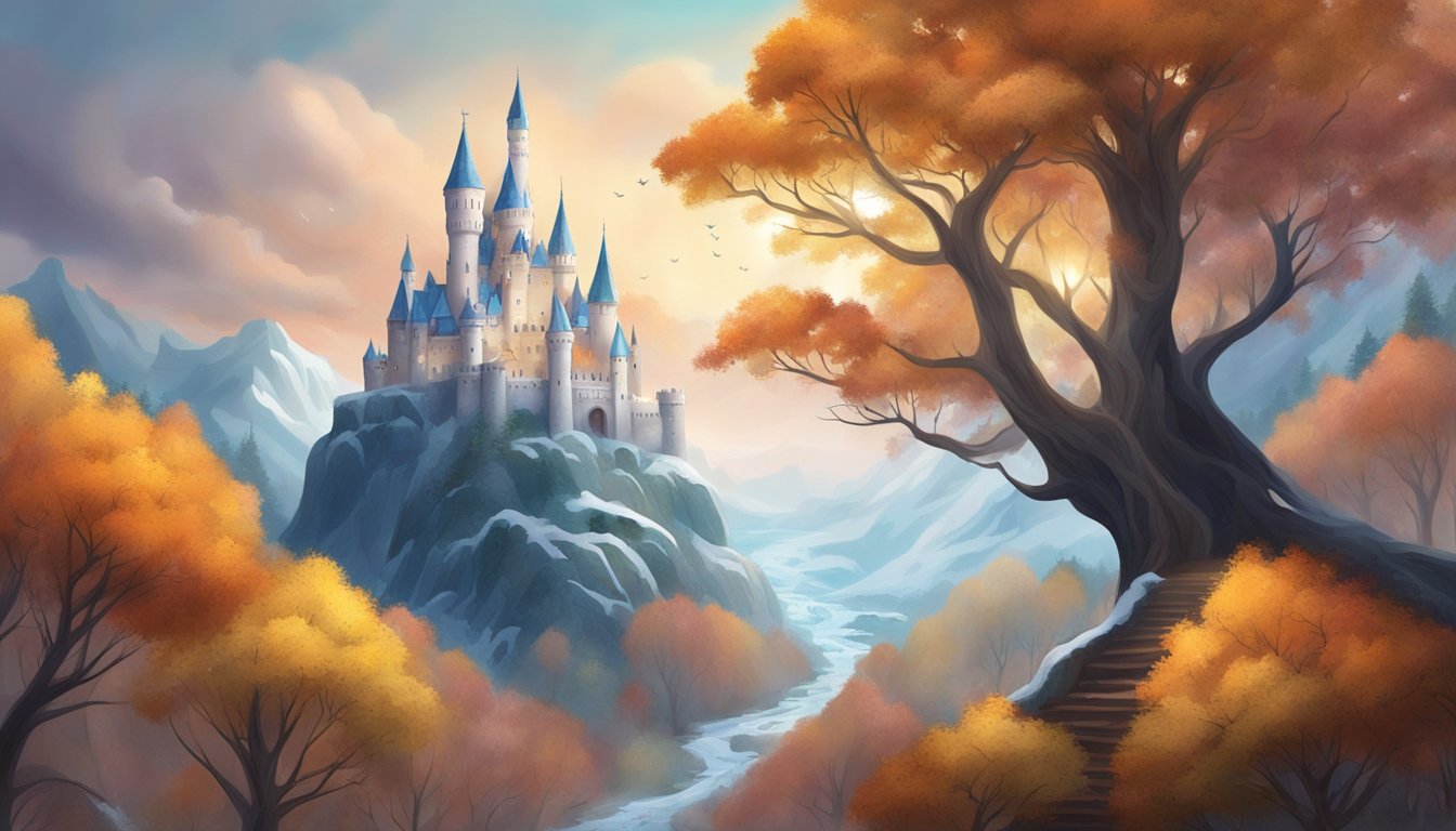 A magical forest with two distinct castles, one covered in ice and the other in autumn colors, surrounded by swirling snow and leaves