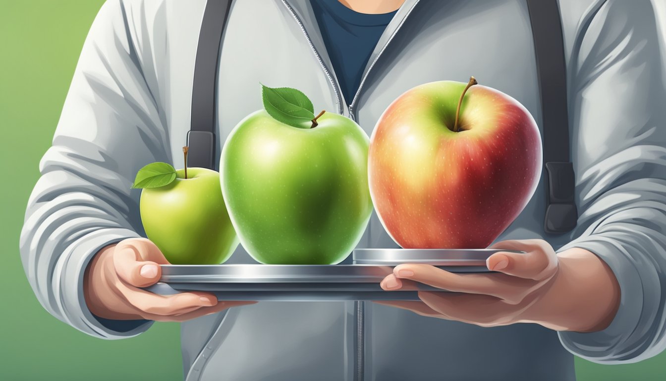 A person holding a fresh apple in one hand and a frozen apple in the other, with a scale in the background comparing nutrition, taste, and convenience