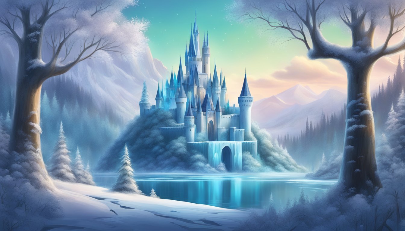 A magical forest with two distinct castles, one covered in ice and the other in greenery, symbolizing the contrast between Frozen and Frozen 2