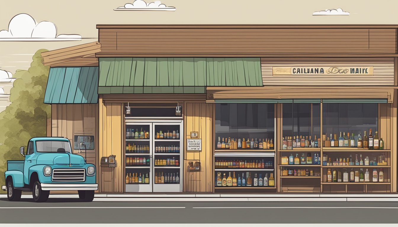 A storefront in Callahan County, Texas displays shelves of packaged liquor for sale, with a delivery truck parked outside for distribution