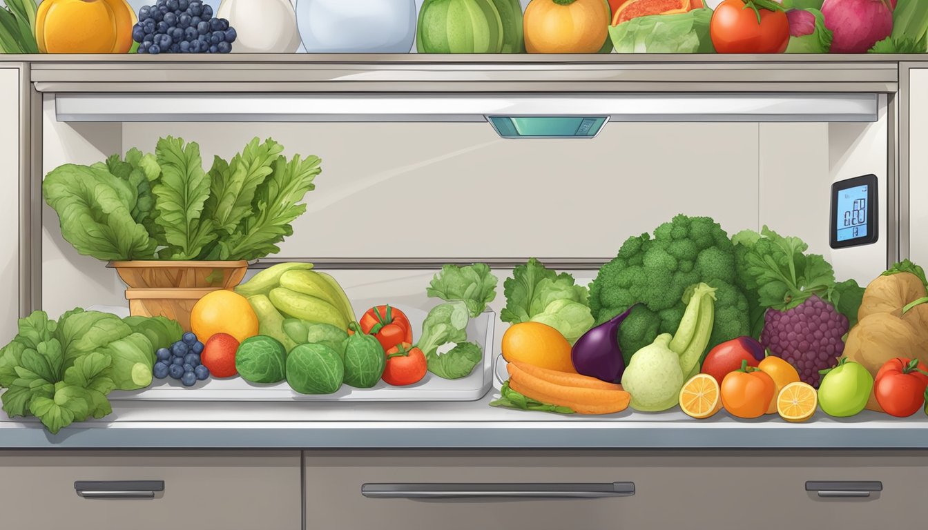 A table with fresh fruits and vegetables next to a freezer with frozen produce. A scale and timer show nutrition, taste, and convenience comparison