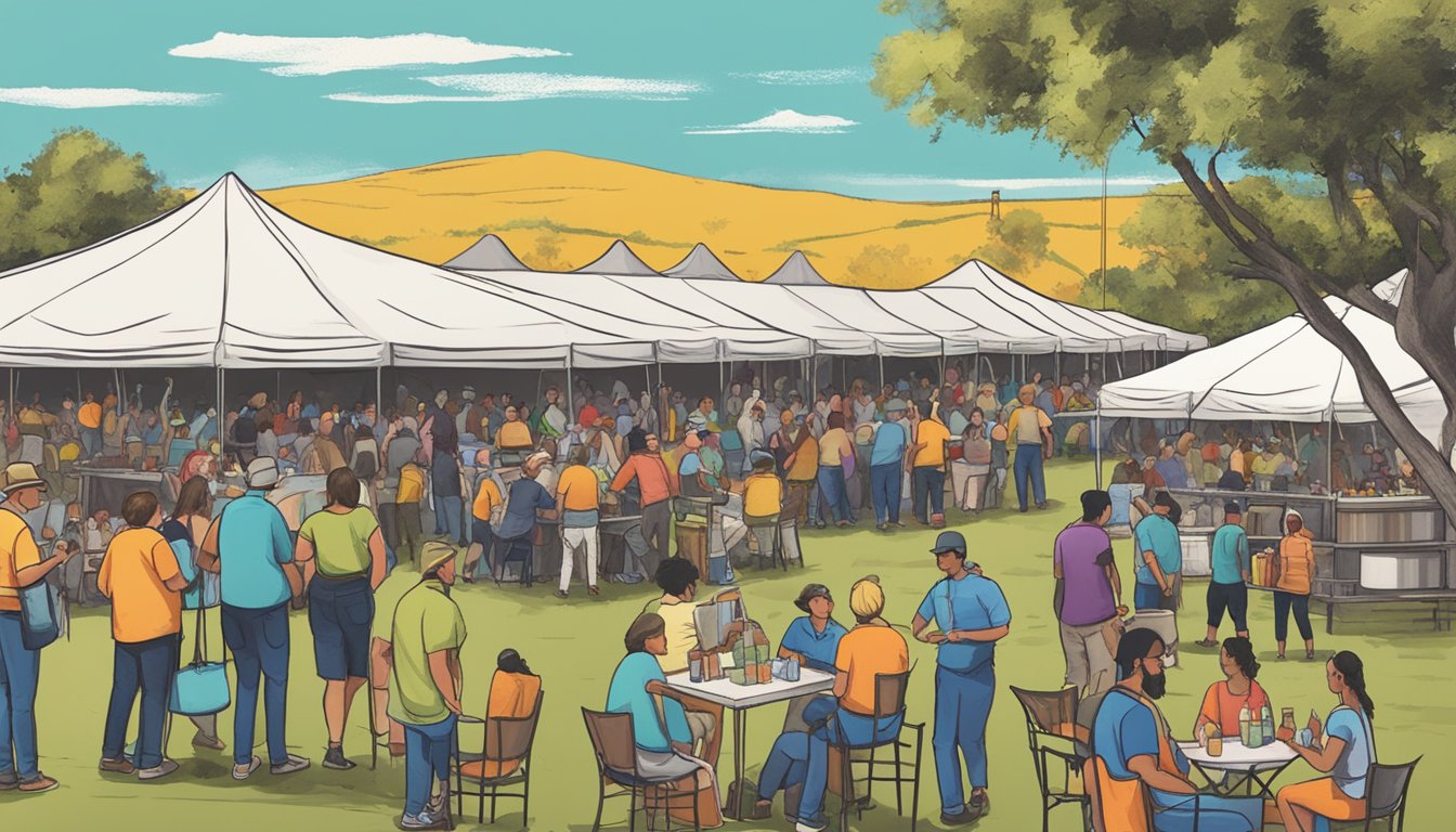 A bustling outdoor event with vendors serving alcohol under a temporary permit, set against the backdrop of Callahan County, Texas