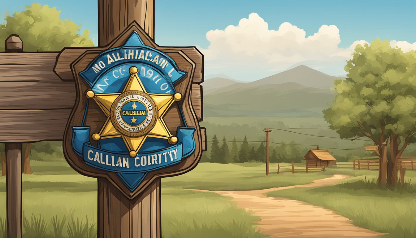 A sheriff's badge hanging on a rustic wooden signpost, with a "No Alcohol" symbol and the words "Callahan County Authorities" displayed prominently