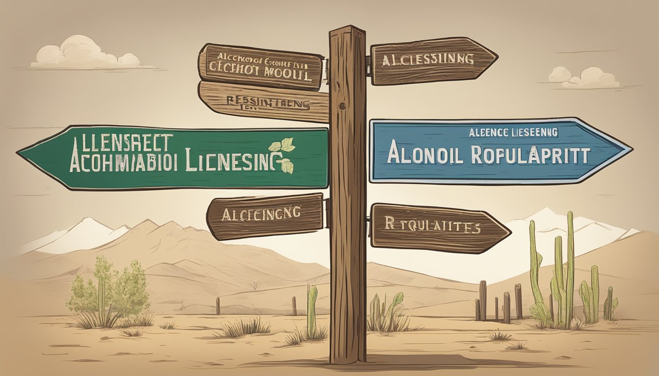 A rustic wooden signpost displaying various types of alcohol permits and licensing regulations in Briscoe County, Texas