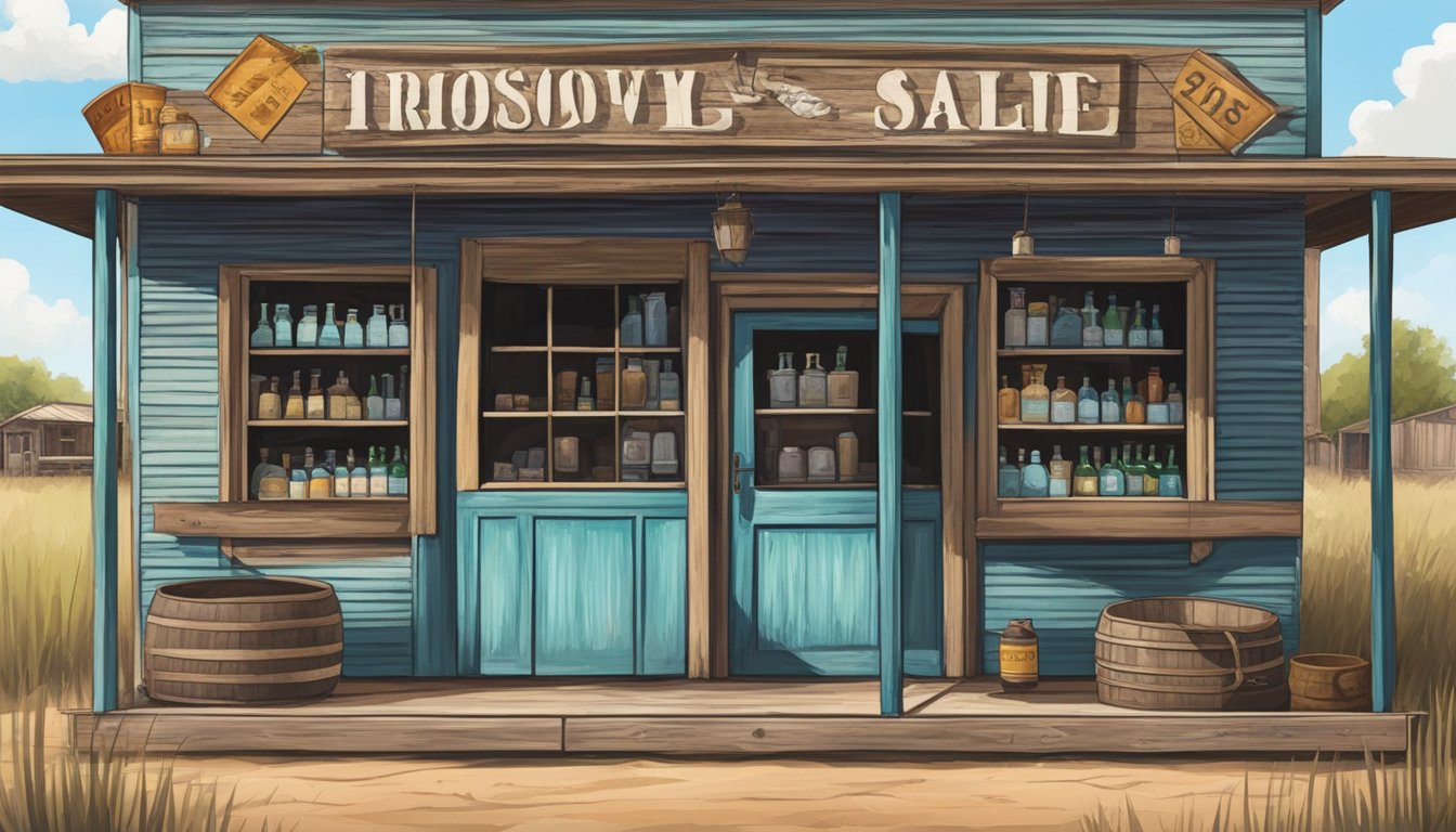 A rustic storefront in Briscoe County, Texas, with a prominent sign advertising the sale of alcohol. A cowboy hat hangs on the door handle