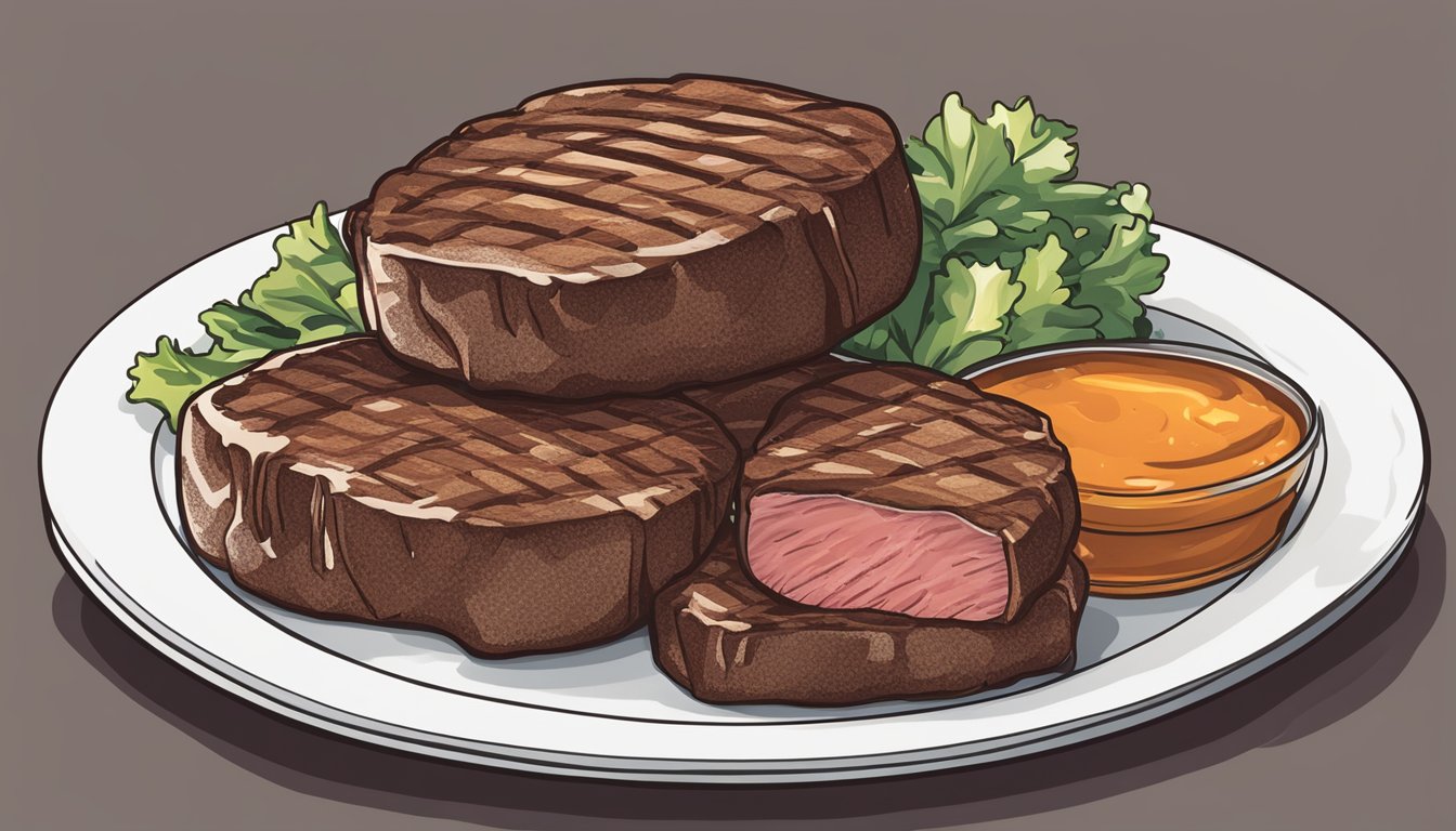 A fresh beef steak sits on a clean, white plate next to a pile of frozen beef patties. The fresh steak is vibrant in color, while the frozen patties appear dull and icy