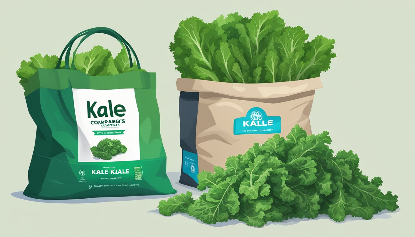 A pile of fresh kale leaves sits next to a bag of frozen kale, showcasing the nutritional comparison between the two forms of the leafy green vegetable