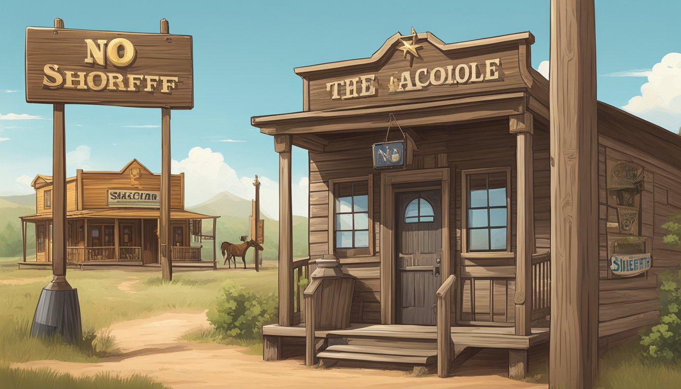 A rural Texan town with a sheriff's badge on a wooden signpost, a saloon, and a "no alcohol" symbol displayed prominently