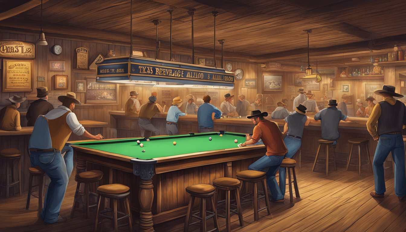 A rustic Texas saloon with a sign displaying the Texas Alcoholic Beverage Code. Patrons sit at the bar while others play pool in the background