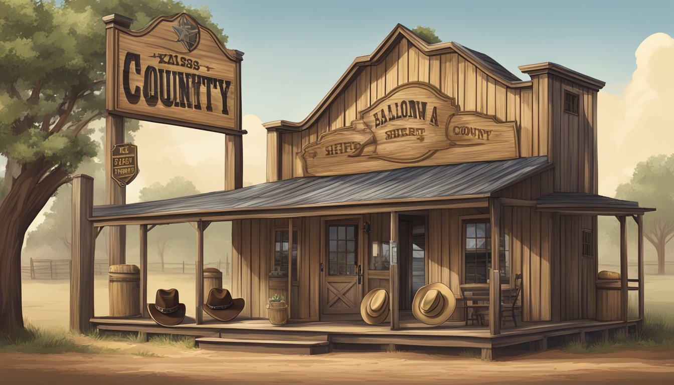 A rustic Texas county setting with a saloon sign, cowboy hats, and a sheriff badge